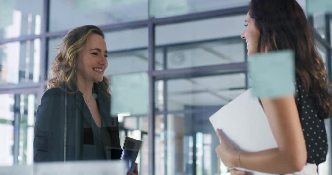 Business women, handshake and creative teamwork, success or collaboration in glass board for startup planning. Professional clients or people shaking hands for marketing onboarding and introduction