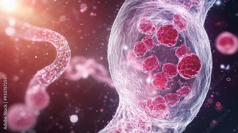 Poster close-up of cells inside a transparent structure with a glowing network, illustrating a medical and 