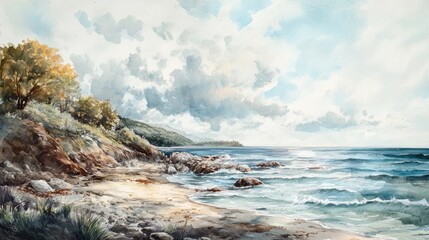 Watercolor depiction of a coastal landscape during midsummer