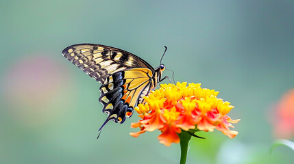 Obraz premium Butterfly on vibrant flower with soft bokeh