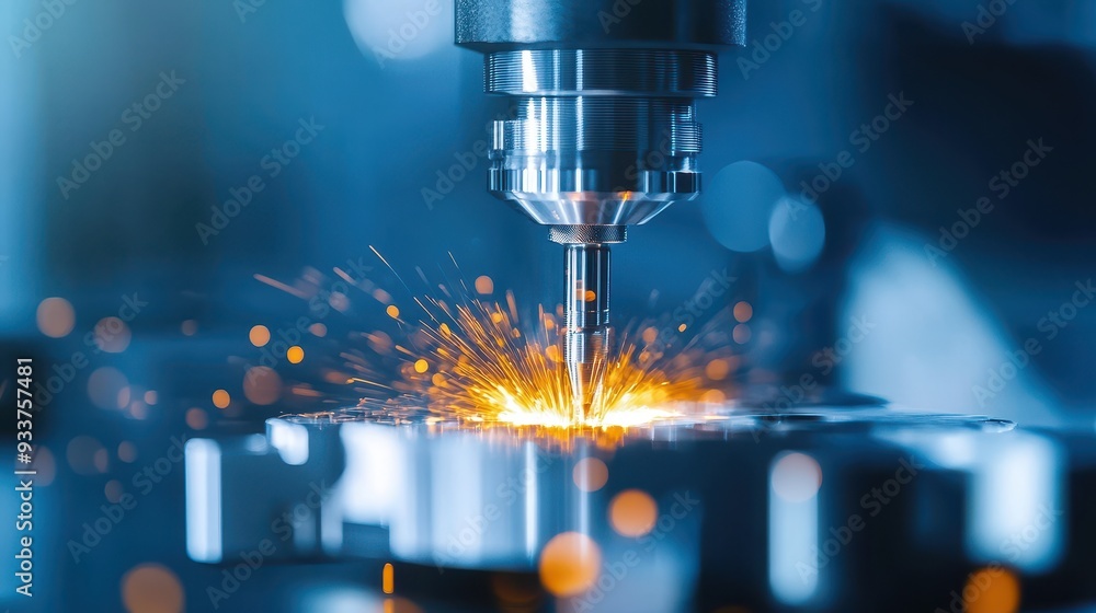 Poster close-up of cnc milling machine cutting metal with sparks, showcasing precision engineering and adva