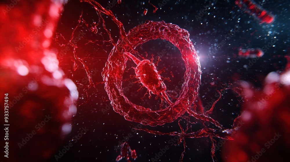 Poster close-up of complex red biological structures with a dark background, symbolizing microbiology and m