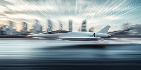 Supersonic modern plane speeding above the runway. Motion blur trails. Generative Ai