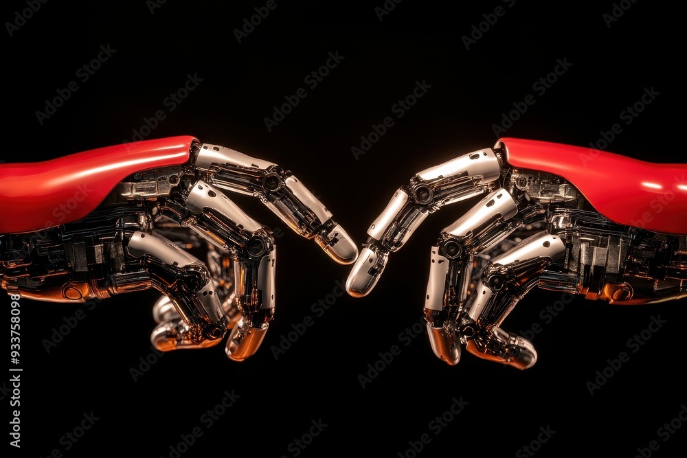 Aufkleber close-up of two robotic hands reaching out towards each other against a dark background, symbolizing