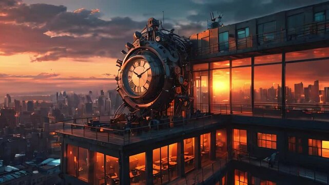 Building with a large and intricate clock tower located on a high roof of the building overlooking the metropolis; mixture of retrofuturistic and steampunk aesthetics.