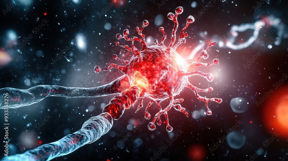 Poster Close-up scientific illustration of a neuron cell and neural network, highlighting synapses and connections in the nervous system.