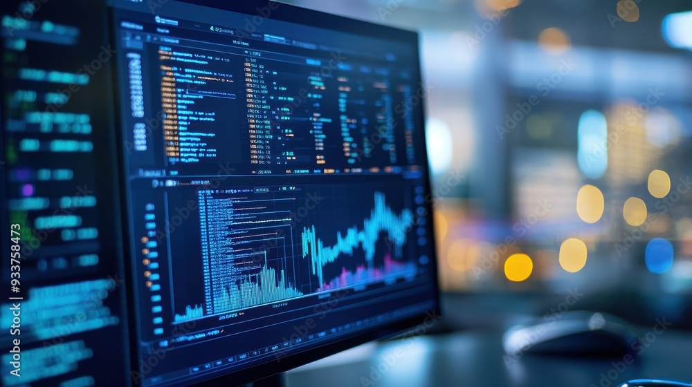 Fototapete Close-up view of a financial trading graph on a computer screen in a modern office setting with blurred background.