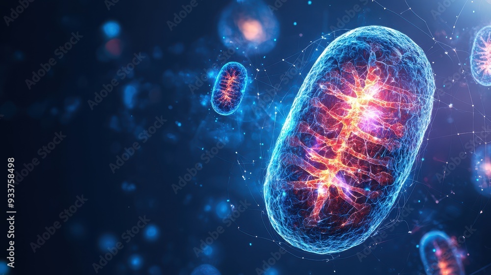Poster close-up view of a glowing blue and red mitochondrion floating in dark space, showcasing cellular st
