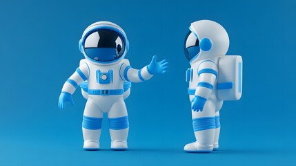 3D illustration of two cartoon astronauts having a conversation while standing on a blue background. Engaging and playful space-themed art.
