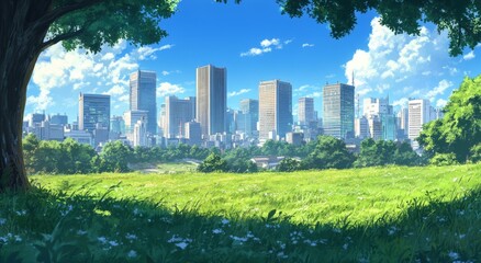 Naklejka premium Anime-Style City Skyline with Green Grass, Trees, and Blue Sky, Featuring Tall Buildings in the Distance