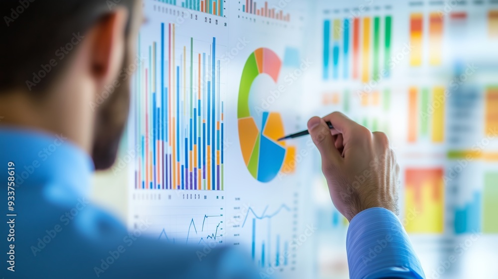 Poster analyzing colorful data visualizations on a display in an office environment during a business prese