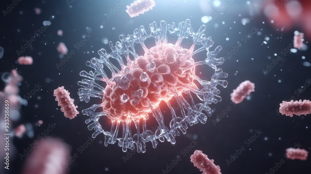 Poster close-up view of a microscopic virus, highlighting its complex structure and surrounding bacteria, r