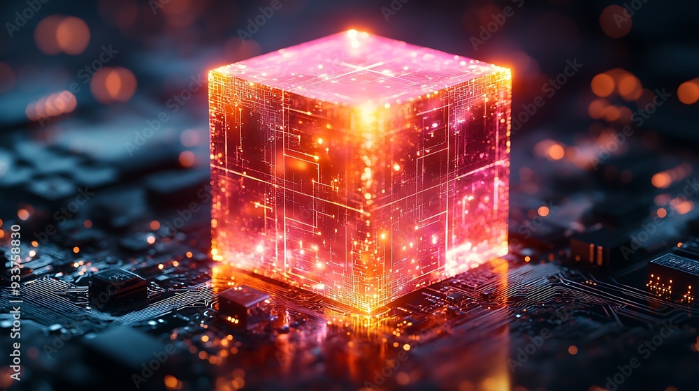 Poster a glowing, translucent cube with intricate circuitry inside sits on a circuit board.