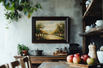 A rustic kitchen wall with an apple orchard painting, evoking the feeling of fall in autumn. The frame is dark wood, and it hangs above the dining table. On one side, there's a wooden shelf.