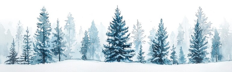 Fototapeta premium Watercolor depiction of a collection of trees including fir pine and cedar Winter forest scene with blue tones showcasing a serene landscape on a white background