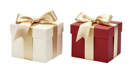 two white and red gift box with gold ribbon isolated on transparent background cutout