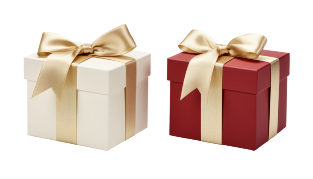 two white and red gift box with gold ribbon isolated on transparent background cutout
