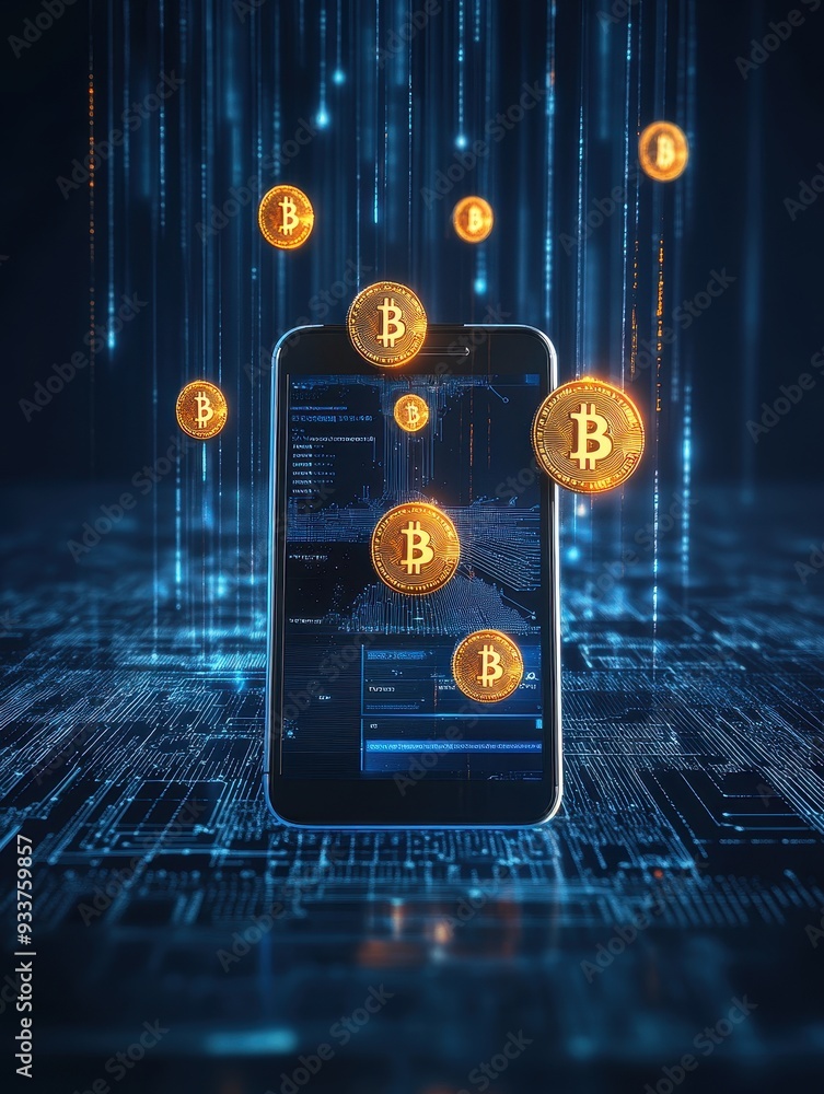 Aufkleber Digital cryptocurrency Bitcoin concept with blockchain mobile phone, futuristic technology background, secure online financial transaction.