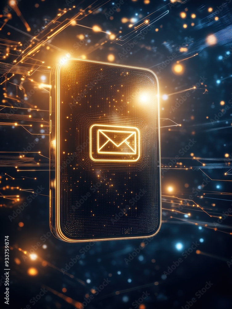 Poster digital glowing envelope on futuristic mobile device, representing email communication and technolog
