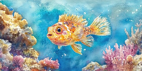 Obraz premium Watercolor artwork depicting an adorable Spot fin porcupinefish swimming above a coral reef