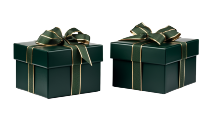 two dark green gift box isolated on transparent background cutout