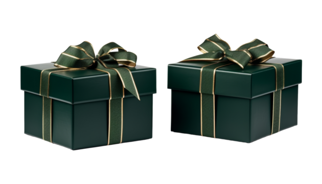 two dark green gift box isolated on transparent background cutout