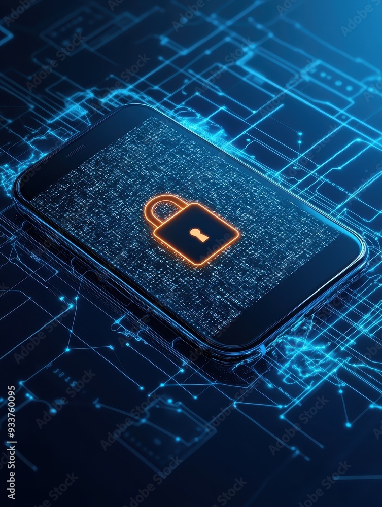 Leinwandbilder Digital lock icon on a smartphone screen representing cybersecurity and data encryption in a futuristic digital network.
