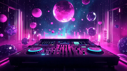 Vibrant 3D rendering featuring a neon-lit DJ deck and disco ball with floating planets in pink, purple, and blue hues. This atmospheric digital scene, bathed in soft light, evokes a lively nightclub o