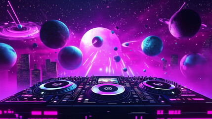 Fototapeta premium Vibrant 3D rendering featuring a neon-lit DJ deck and disco ball with floating planets in pink, purple, and blue hues. This atmospheric digital scene, bathed in soft light, evokes a lively nightclub o