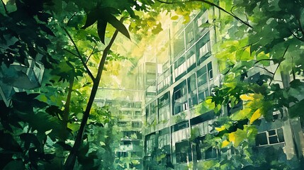 Obraz premium Urban jungle with green buildings and dense foliage, watercolor style, vivid light playing off the leaves and structures
