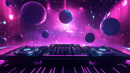 Obraz premium Vibrant 3D rendering featuring a neon-lit DJ deck and disco ball with floating planets in pink, purple, and blue hues. This atmospheric digital scene, bathed in soft light, evokes a lively nightclub o