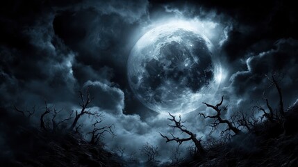 Eerie night sky with a full moon illuminating dark clouds and leafless trees, creating a mysterious and haunting atmosphere.