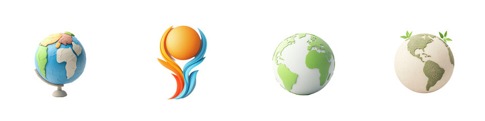 Obraz premium A set of four Earth-themed icons, including a globe, eco symbol, and abstract human figure, on transparent background, ideal for environmental and educational themes. 