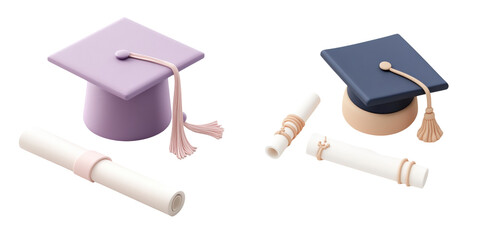 Two graduation caps with tassels and diplomas in soft pastel colors on transparent background, representing academic achievement and milestones.
