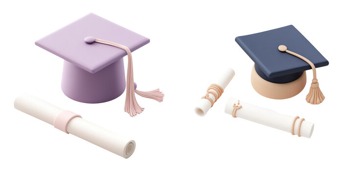 Two graduation caps with tassels and diplomas in soft pastel colors on transparent background, representing academic achievement and milestones.
