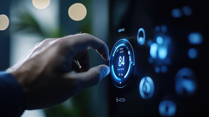 Businessman using futuristic touchscreen interface with his finger