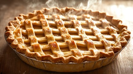 A freshly baked pie with a golden lattice crust, releasing steam and inviting aromas, perfect for a cozy dessert scene.