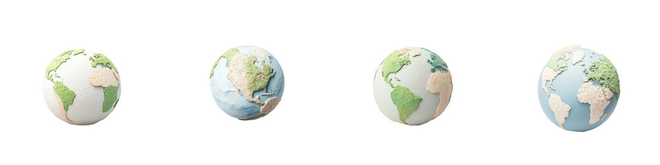 Naklejka premium A set of four Earth globes displaying different regions on transparent background, ideal for geography, environmental, and educational themes. 