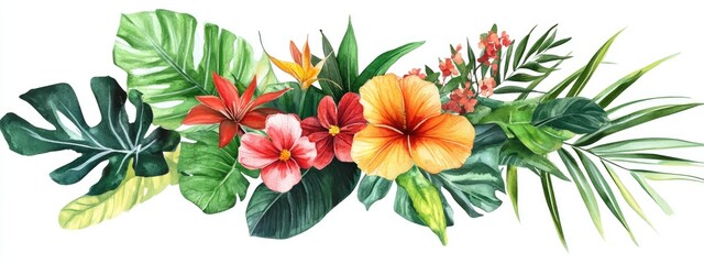Tropical flower bouquet with green foliage in watercolor style set against a white background