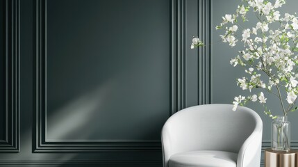 Elegant minimalist interior design with a white armchair and blooming branch in a glass vase against a dark paneled wall.