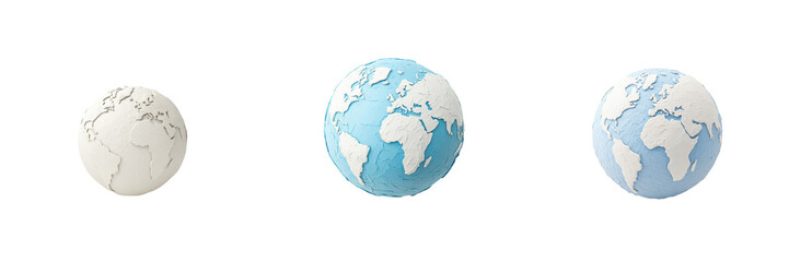Fototapeta premium Three simplified Earth globes in different shades of blue and white on transparent background, representing minimalistic global themes. 