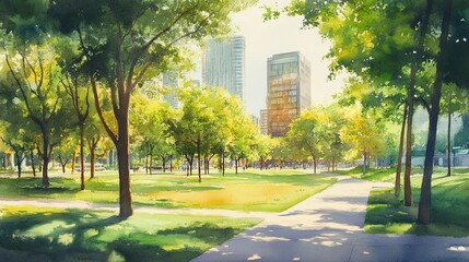 Obraz premium Green urban landscape with modern buildings and lush trees, watercolor painting, warm light casting gentle shadows
