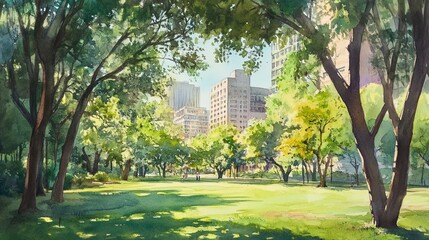 Obraz premium Green urban landscape with modern buildings and lush trees, watercolor painting, warm light casting gentle shadows