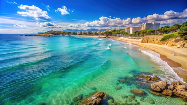 Sunny seascape in Salou, Spain with clear blue skies, turquoise water and sandy beaches, Salou