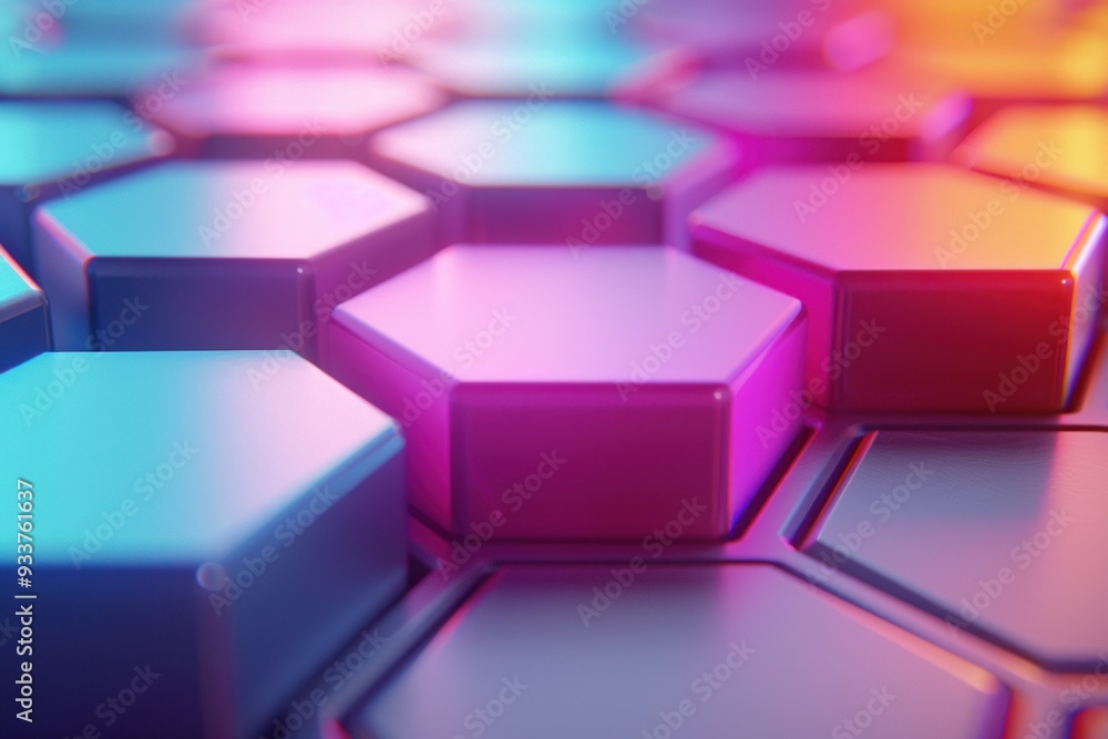 Poster a close-up view of a repeating hexagonal pattern, with a dominant blue and pink gradient lighting