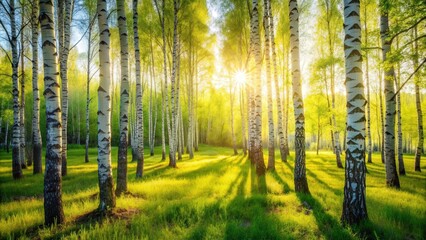 Obraz premium Dreamy image of a sunny spring day in a birch grove, spring, birch trees, sunlight, nature, outdoors, forest, fresh, green