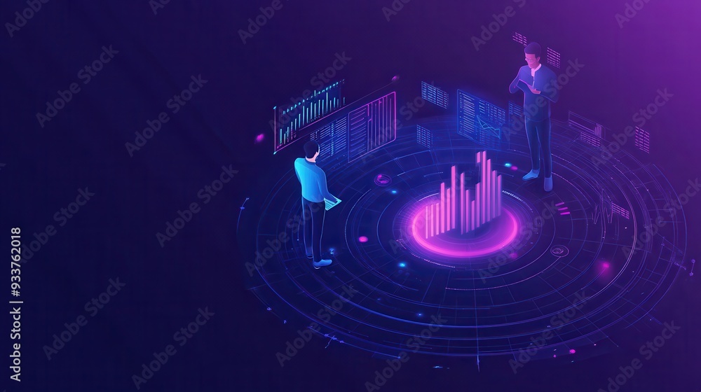 Aufkleber Futuristic data analysis concept with people analyzing holographic graphs and charts in a high-tech, neon-lit environment.