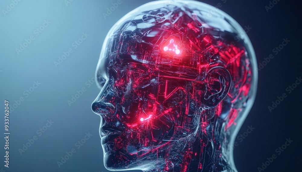 Leinwandbilder futuristic depiction of an artificial intelligence brain with glowing red circuits in a transparent 