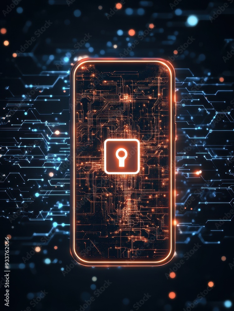 Aufkleber Futuristic concept of digital security with a glowing padlock on a smartphone surrounded by a digital network background.