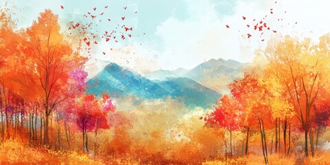 Vibrant autumn scenery depicted in watercolor style Digital artwork